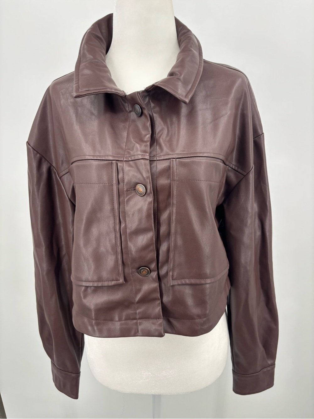 Stoosh Cropped Brown Faux Leather Jacket Small